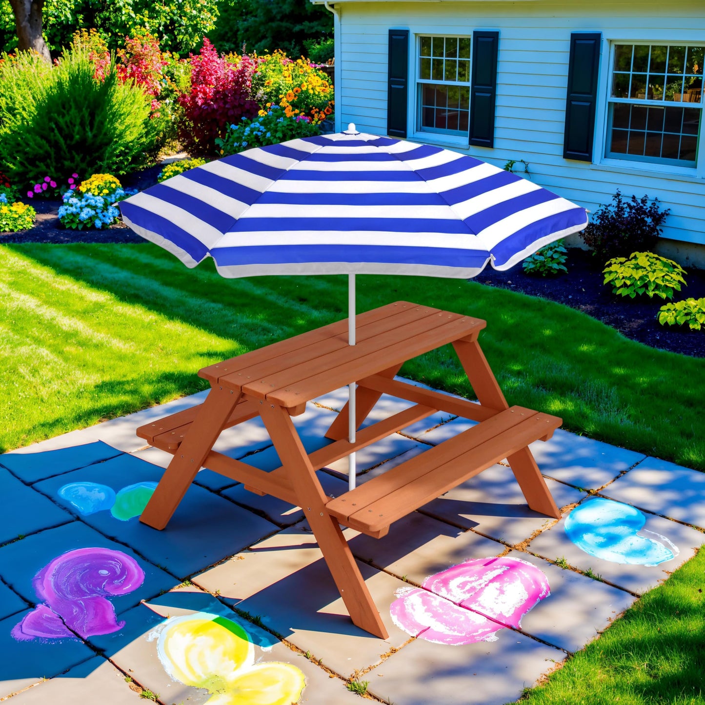 Best Choice Products Wooden Kids Picnic Table with Umbrella, Outdoor Activity Table Set with Built-in Benches, 220 lb Capacity per Bench - Golden Brown/Navy