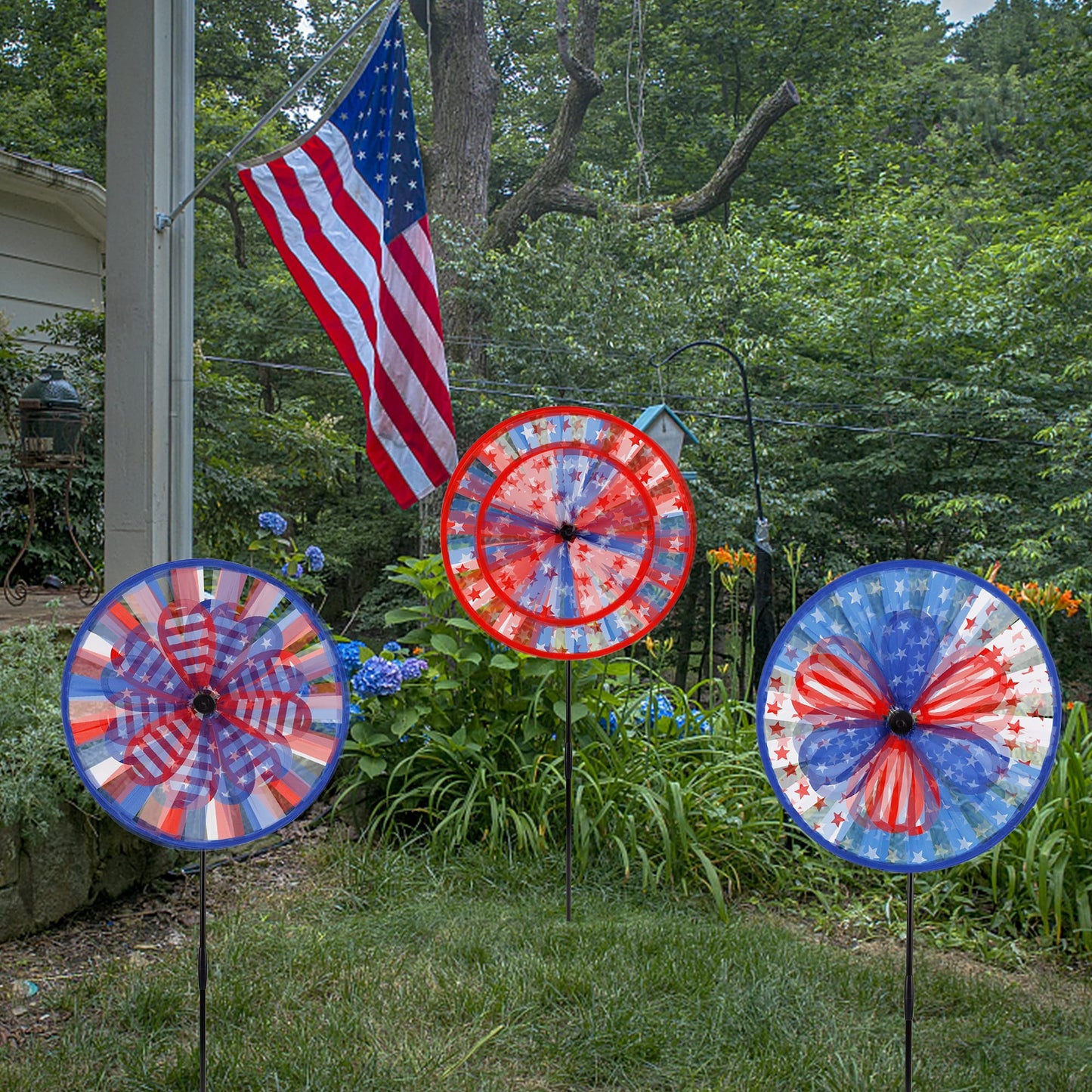 winemana 3 Pack Patriotic Pinwheel for Independence Day, 4th of July Decor Double Spinner Wheel, American Flag Red White Blue Star Décor Outdoor Yard Patio Garden Lawn (12" x 29")