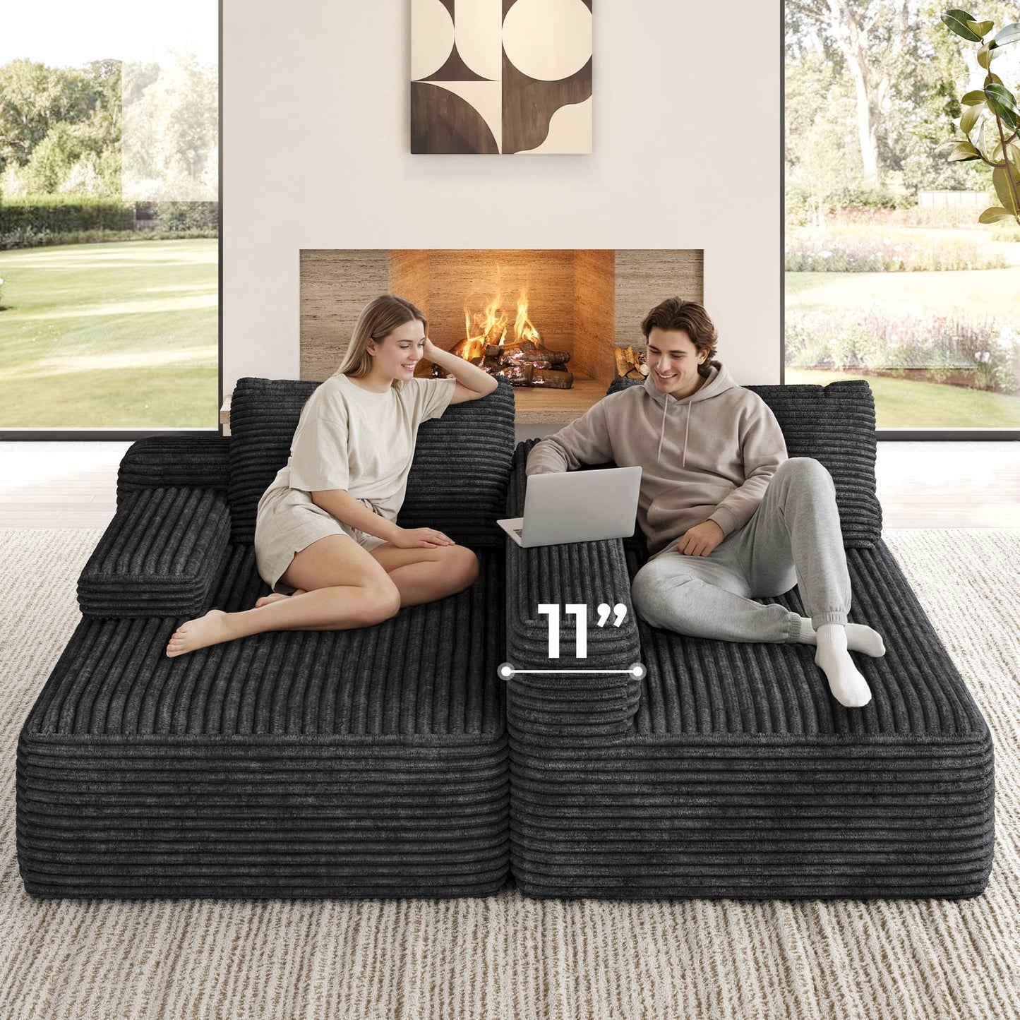 Yaheetech 110" Modular Sectional Sofa Corduroy Boneless Couch with Chaise L-Shape Cloud Couch with Detachable Pillows No Assembly Sofa for Living Room, Dark Gray