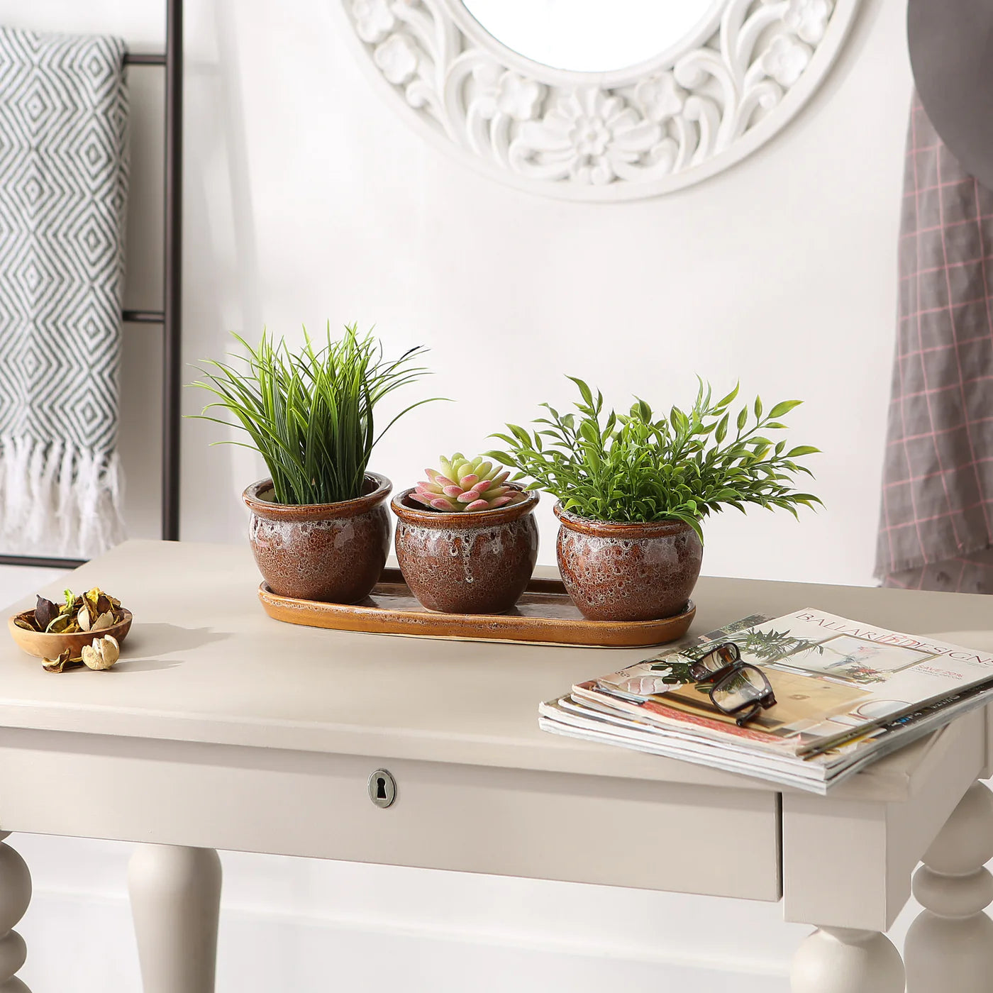 BROWN ROUND CERAMIC SMALL PLANTER SET OF 3