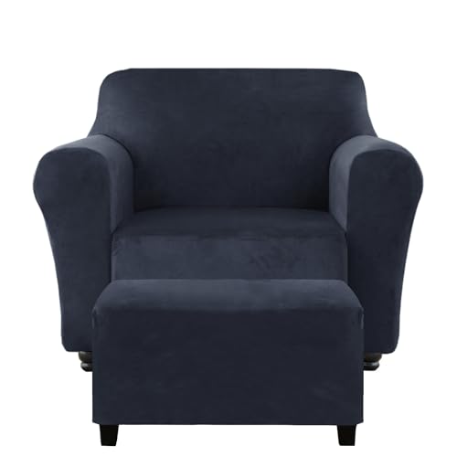 KSLHRCB Chair and Ottoman Cover Set, Armchair and Ottoman Velvet Cover Non-Slip, Stretch Single Seat Sofa and Foot Stool Covers Set for Living Room (Navy Blue,Chair + Ottoman)