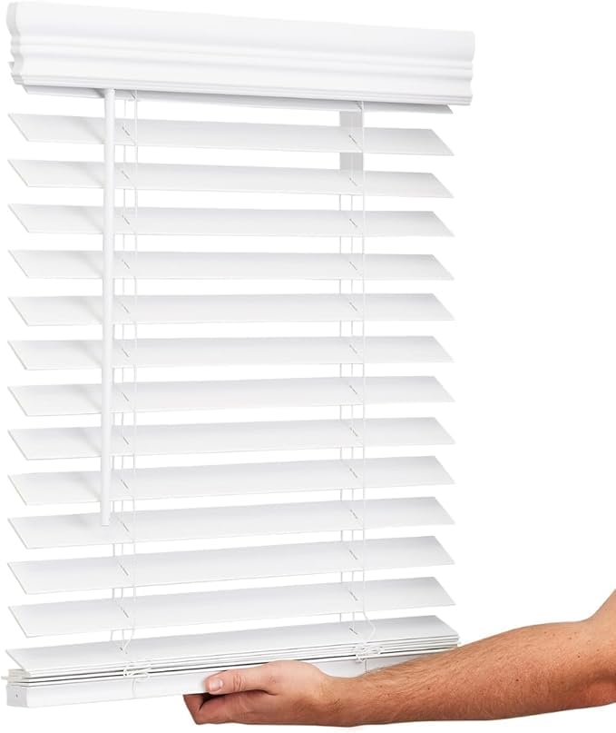 Blinds House Solution, Custom Made 2 Inch Faux Wood Cordless Horizontal Window Blinds for Doors, Ghost White/Snow White, Outside Mount, (26" W x 70" L)