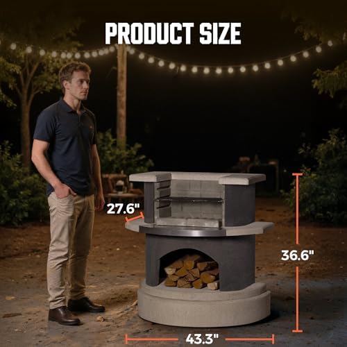 BIG HORN PRIME Concrete Outdoor Fireplace with Grill, Wood Burning Fireplace with Wood Storage and Chimney, Include Grill Rack & Charcoal Pan, 36.6" H