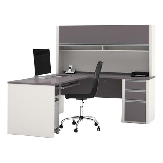 BOWERY HILL Modern Wood 5 Piece L-Shaped Computer Desk with Hutch, Slate Gray Finish, Melamine Surface, Durable Office Furniture Set with Storage, Keyboard Tray, Wire Management