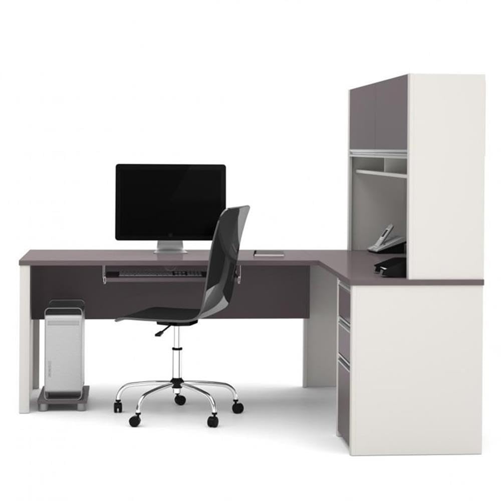 BOWERY HILL Modern Wood 5 Piece L-Shaped Computer Desk with Hutch, Slate Gray Finish, Melamine Surface, Durable Office Furniture Set with Storage, Keyboard Tray, Wire Management