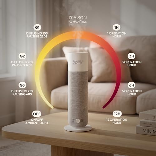 Maison Croyez Waterless Essential Oil Diffuser (120ml Bottle) – Nebulizing Aroma Diffuser, 3 Intensity Levels, 1/3/6H Timer + Auto Mode, Warm Ambient Light, Up to 600 sqft