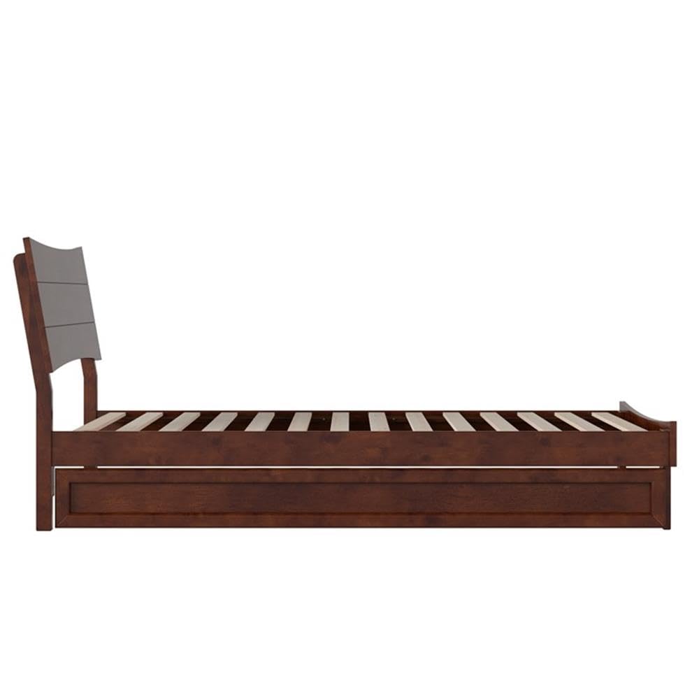 Pemberly Row Twin XL Solid Wood Platform Bed with Trundle, Walnut Finish, Horizontal Plank Headboard, Built-in Slat Kit, Durable Hardwood/Veneer Construction, 600 lb Capacity, Bedroom Furniture