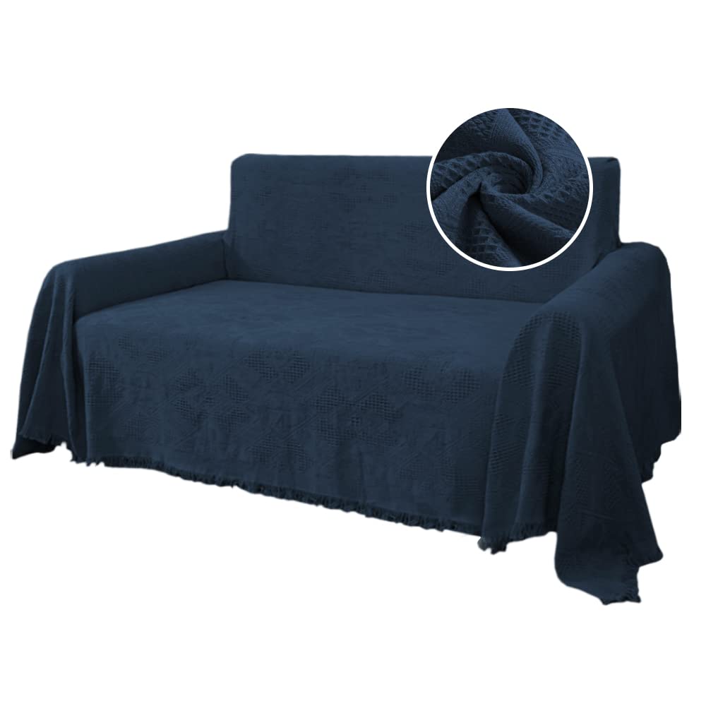 H.VERSAILTEX Cotton Sofa Covers Couch Cover Sofa Slipcover for Most Shape Sofas, Feature Thick Woven Jacquard Seamless with Tassels, Multi-Use Decorative for Couch (Large: 71" x 102", Navy)