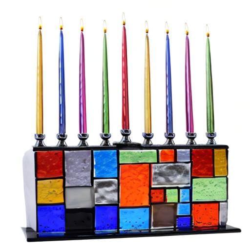 Ner Mitzvah Glass Hanukkah Menorah - Wall of Unity Multicolored Chanukah - Handcrafted Painted Glass - Fits All Standard Candles