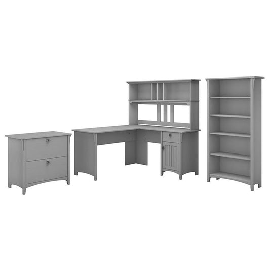 Bush Furniture Salinas L Shaped Desk with Hutch, File Cabinet and 5 Shelf Bookcase | 3 Piece Living Room Furniture Set in Cape Cod Gray | L Shaped Corner Desk with Storage