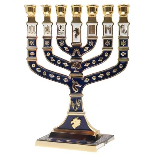 Ateret Judaica 7 Branch Temple Menorah, Blue Enamel Jerusalem Design with 12 Tribes of Israel, Biblical Seven Candle Holder (10.8 inch)