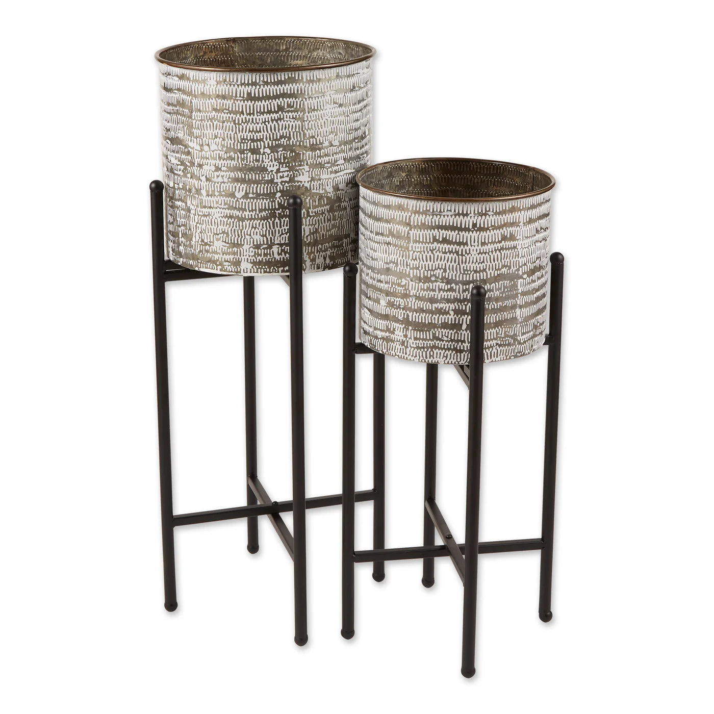 WHITE WASH GALVANIZED BUCKET PLANT STAND SET/2