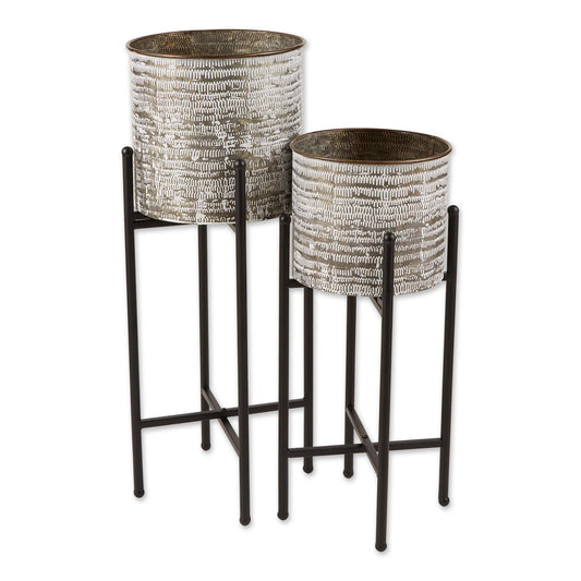 WHITE WASH GALVANIZED BUCKET PLANT STAND SET/2