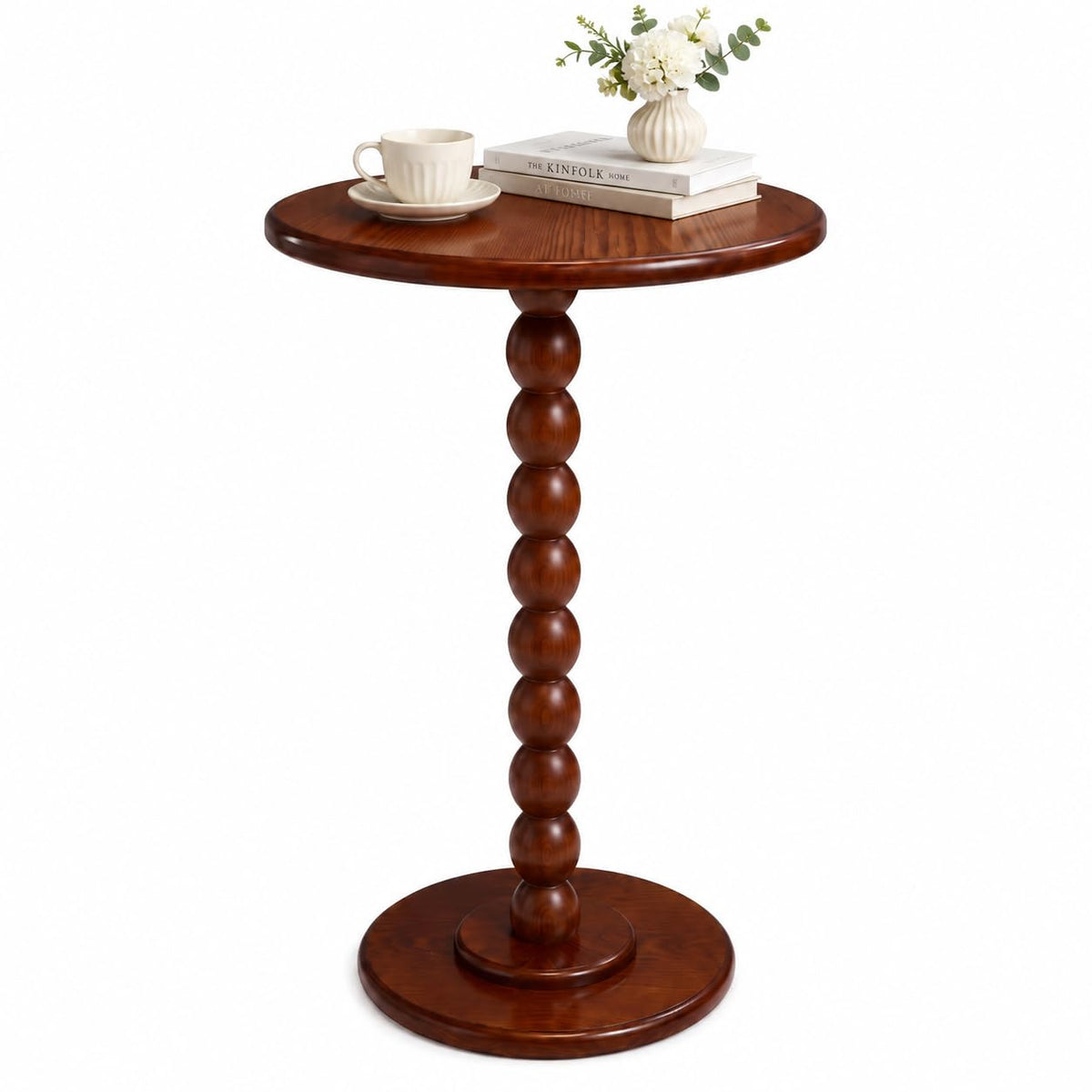 Sonderzone Solid Wood Pedestal Side Table, 16" Round End Table, Walnut