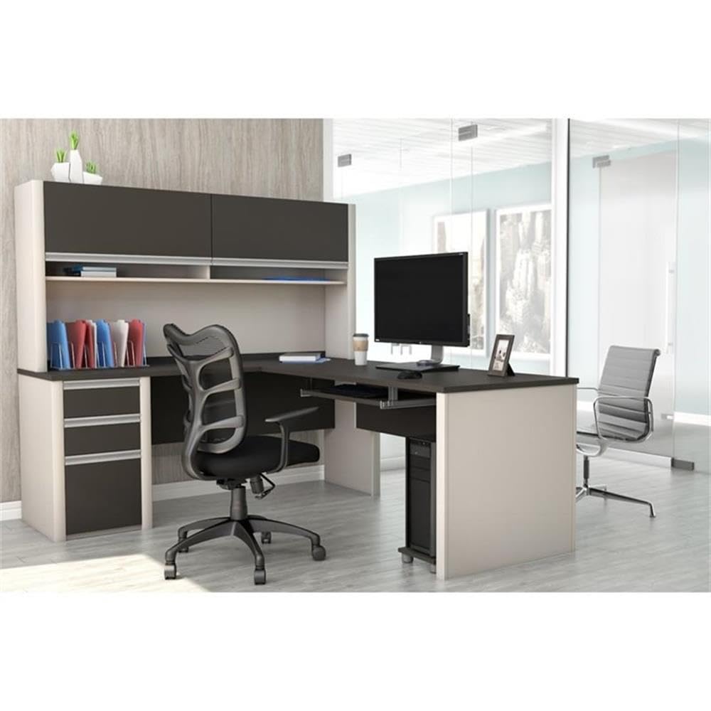 BOWERY HILL Modern Wood 5 Piece L-Shaped Computer Desk with Hutch, Slate Gray Finish, Melamine Surface, Durable Office Furniture Set with Storage, Keyboard Tray, Wire Management