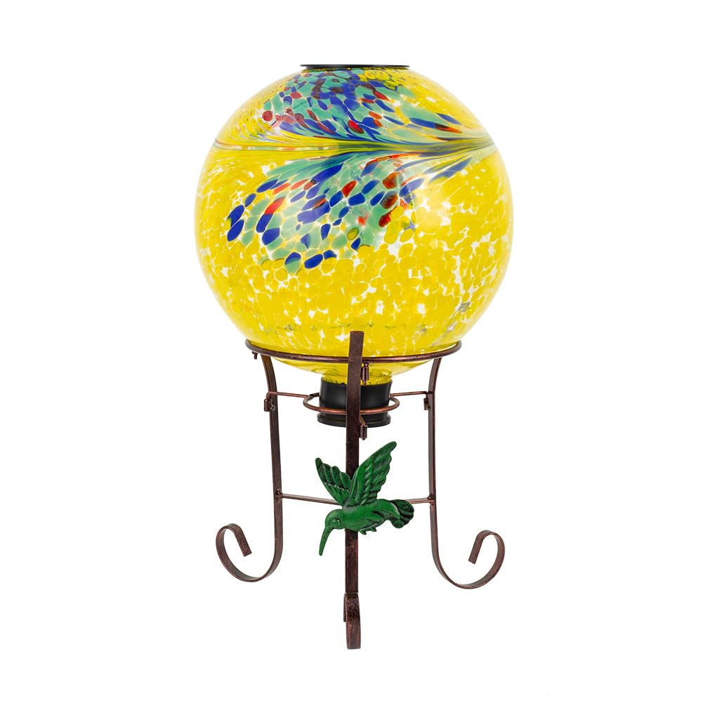 YELENEW 10" Diameter Solar Gazing Ball and 8.5" Metal Stand Indoor Outdoor Glass Globe Sphere Yard Art Ornament Solar Gazing Balls for Garden,Lawn,Porch,Patio Gardening Gift for Women(Yellow)