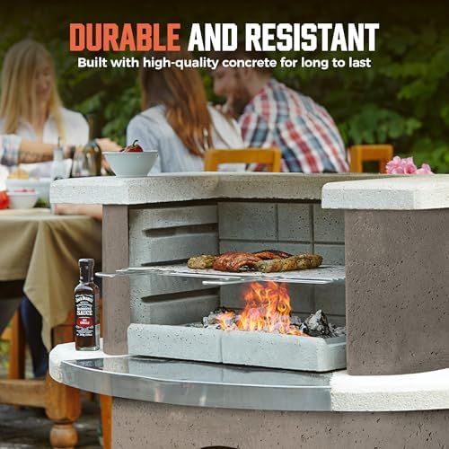 BIG HORN PRIME Concrete Outdoor Fireplace with Grill, Wood Burning Fireplace with Wood Storage and Chimney, Include Grill Rack & Charcoal Pan, 36.6" H
