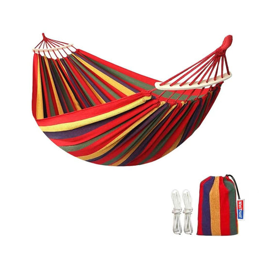 WeiTrust Cotton Canvas Hammock, Comfortable Fabric Camping Hammock with Tree Straps, Up to 440lbs with Travel Bag for Camping Outdoor/Indoor Patio Backyard(Red, with bar)
