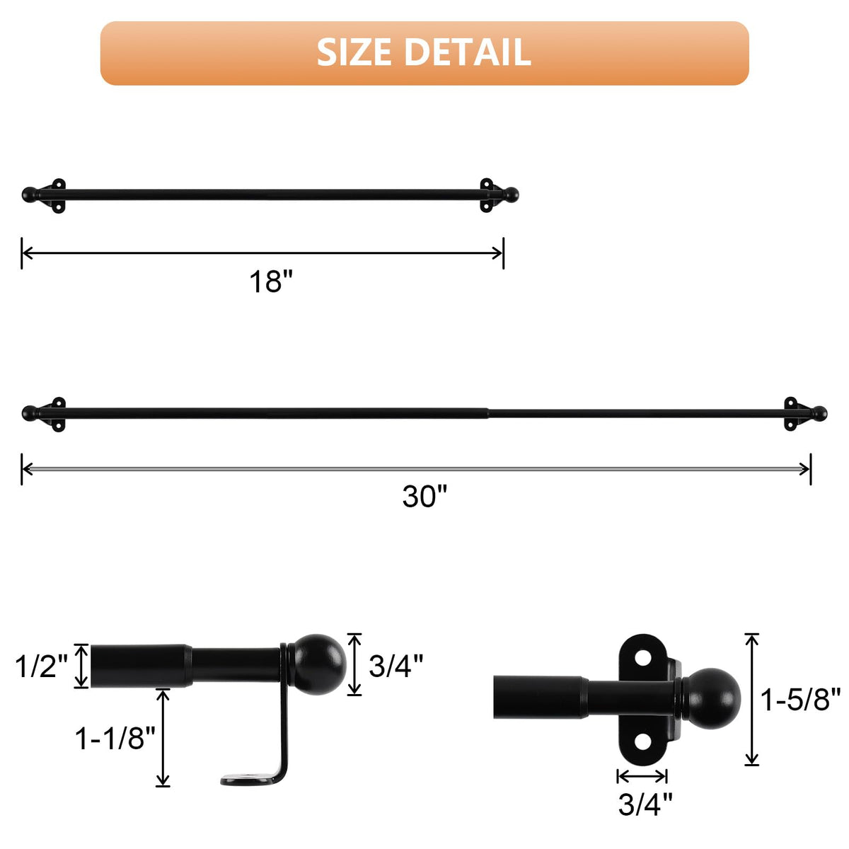 KXLife Cafe Curtain Rod 18-30 Inch, 1/2" Diameter, Door Curtain Rod, Black