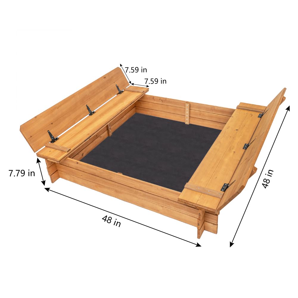 BIRASIL Wood Sandbox with 2 Bench Seats, Sand Boxes with Lid for Kids, Sand Pit with Cover for Outdoor Backyard Patio, 48 Inch