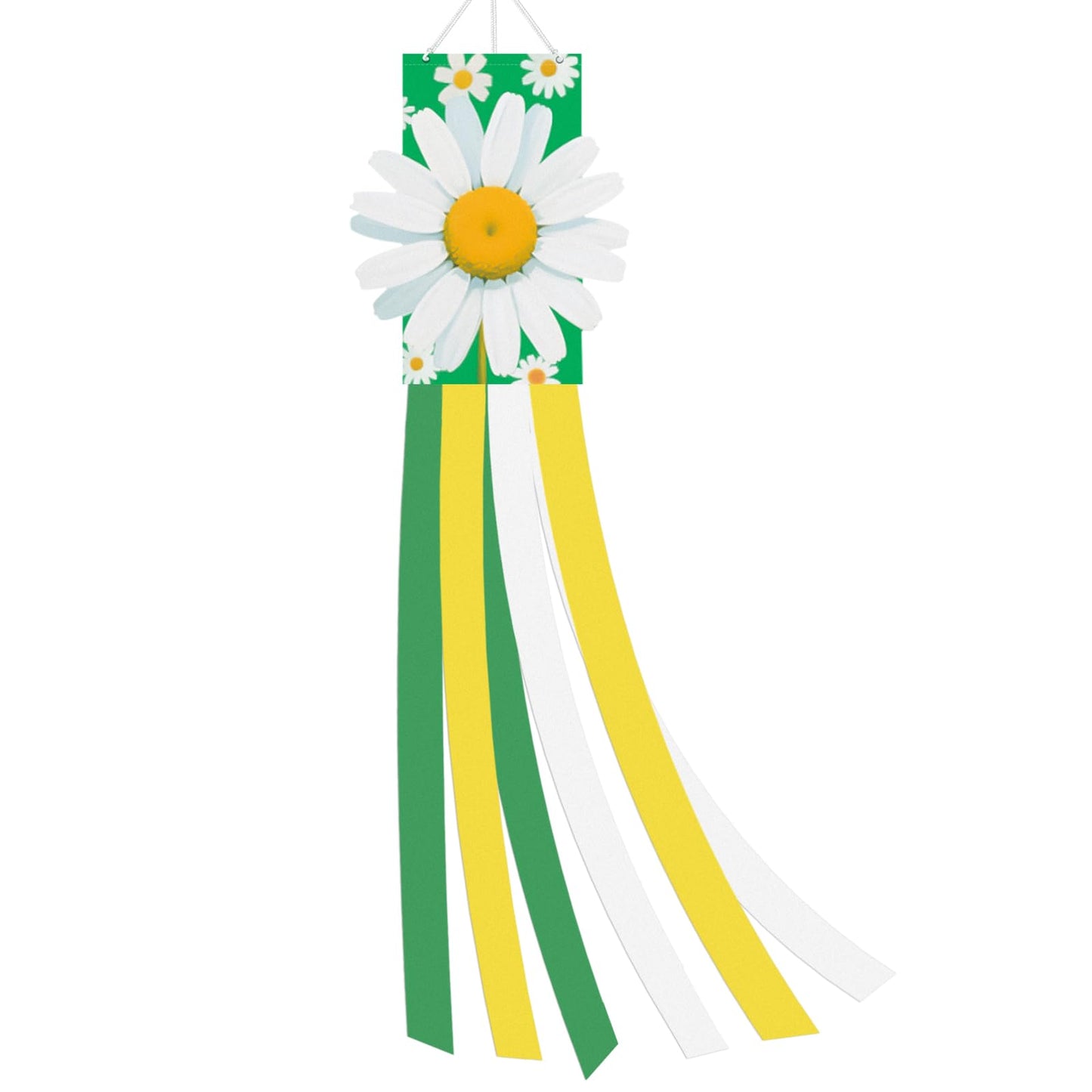 40 Inches 3D Daisy Windsock Decoration, Dimensional Hanging Outdoor Wind Sock with Green, White, and Yellow Streamers for Garden, Yard, Porch, Spring and Floral-Themed Party Decor