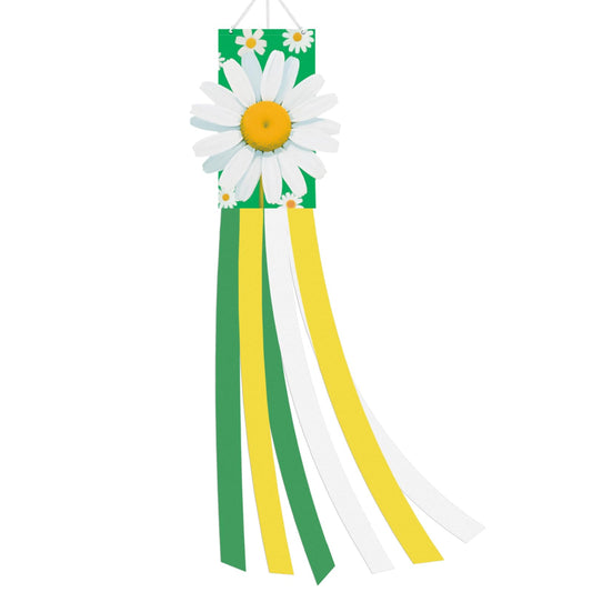 40 Inches 3D Daisy Windsock Decoration, Dimensional Hanging Outdoor Wind Sock with Green, White, and Yellow Streamers for Garden, Yard, Porch, Spring and Floral-Themed Party Decor