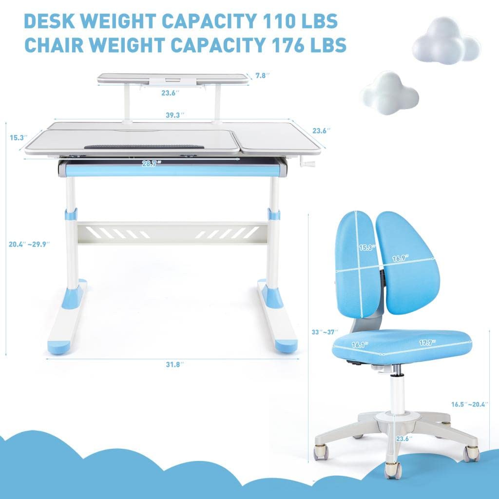 COSVALVE Premium Kids Study Desk and Chair Set,Adjustable Boys School Writing Study Table,Ergonomic Desk Chair with Large Writing Board Pull Out Drawer Bookstand Blue