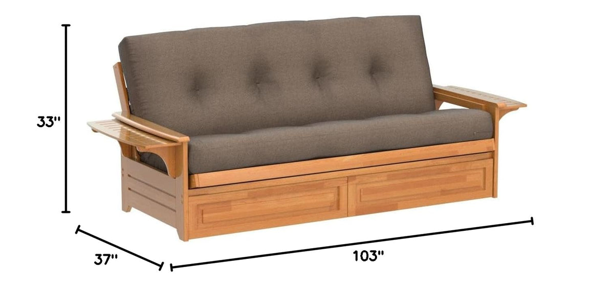 Lakefront Complete Futon - Drawers, Frame and Mattress Set - Arm Tray 8" Innerspring Queen Size Sofa Under Bed Storage Lounger (Gray, Queen)