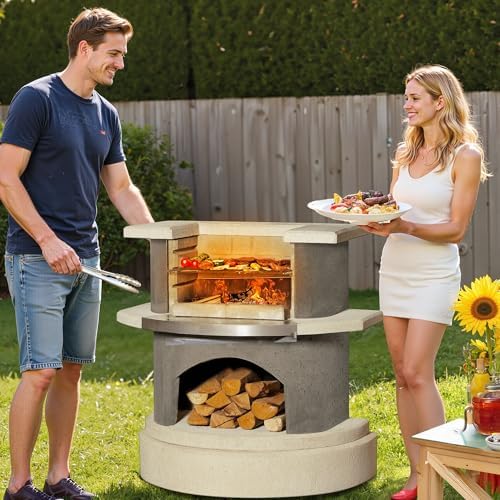 BIG HORN PRIME Concrete Outdoor Fireplace with Grill, Wood Burning Fireplace with Wood Storage and Chimney, Include Grill Rack & Charcoal Pan, 36.6" H