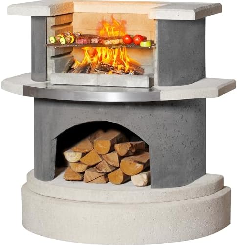 BIG HORN PRIME Concrete Outdoor Fireplace with Grill, Wood Burning Fireplace with Wood Storage and Chimney, Include Grill Rack & Charcoal Pan, 36.6" H