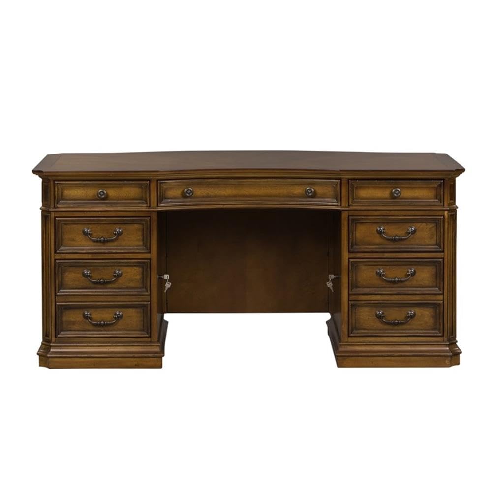 Pemberly Row Jr Executive Office Set, Medium Brown Finish, Antique Toffee Poplar & Birch Veneers, 5-Piece, Includes Desk, Credenza, Hutch, Adjustable Shelves, Touch LED Lighting, Wire Management
