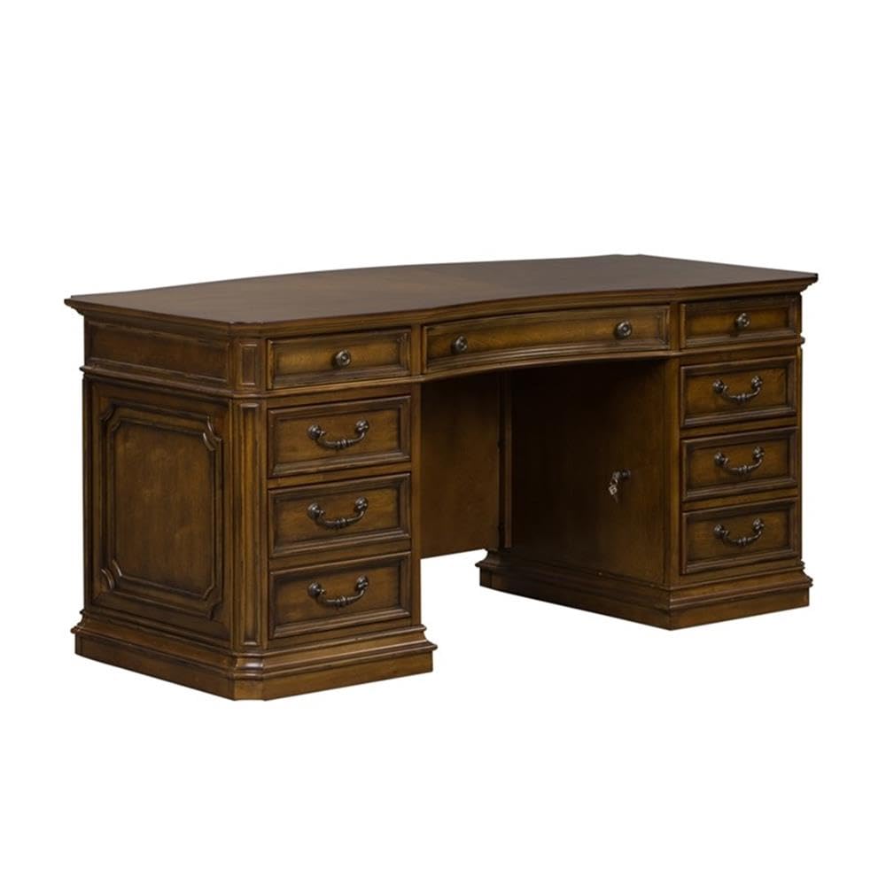 Pemberly Row Jr Executive Office Set, Medium Brown Finish, Antique Toffee Poplar & Birch Veneers, 5-Piece, Includes Desk, Credenza, Hutch, Adjustable Shelves, Touch LED Lighting, Wire Management