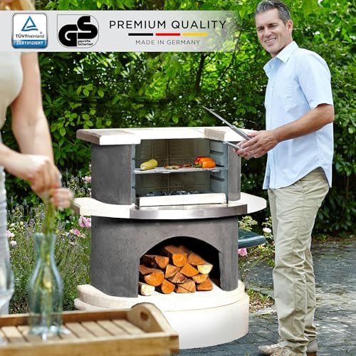BIG HORN PRIME Concrete Outdoor Fireplace with Grill, Wood Burning Fireplace with Wood Storage and Chimney, Include Grill Rack & Charcoal Pan, 36.6" H