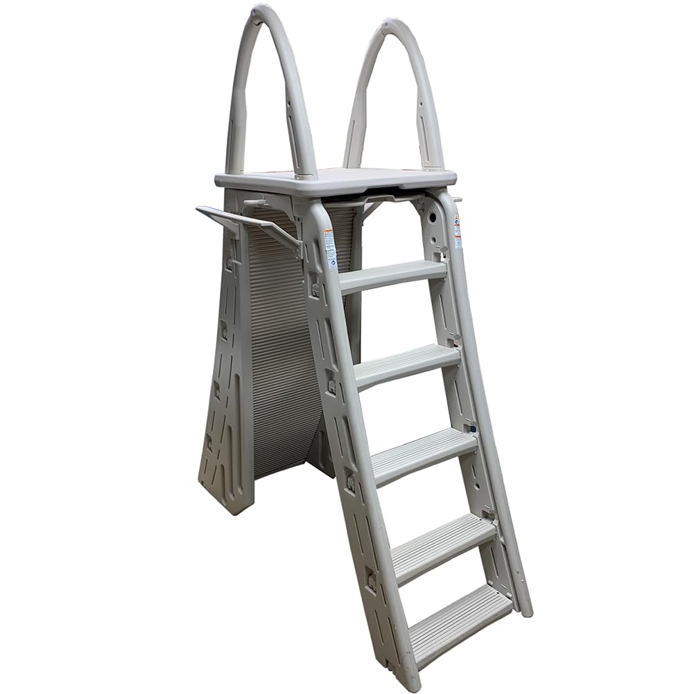 Confer Plastics 7200 Roll Guard fits Above-Ground Pool Heights from 48" to 56" A Frame Safety Ladder for Above Ground Outdoor Patio Swimming Pool Platform Ladder with Step Barrier Warm Grey