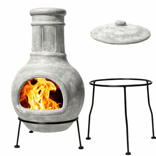 Grey Chimenea Outdoor Fireplace, Clay Chiminea with Lids and Metal Stands