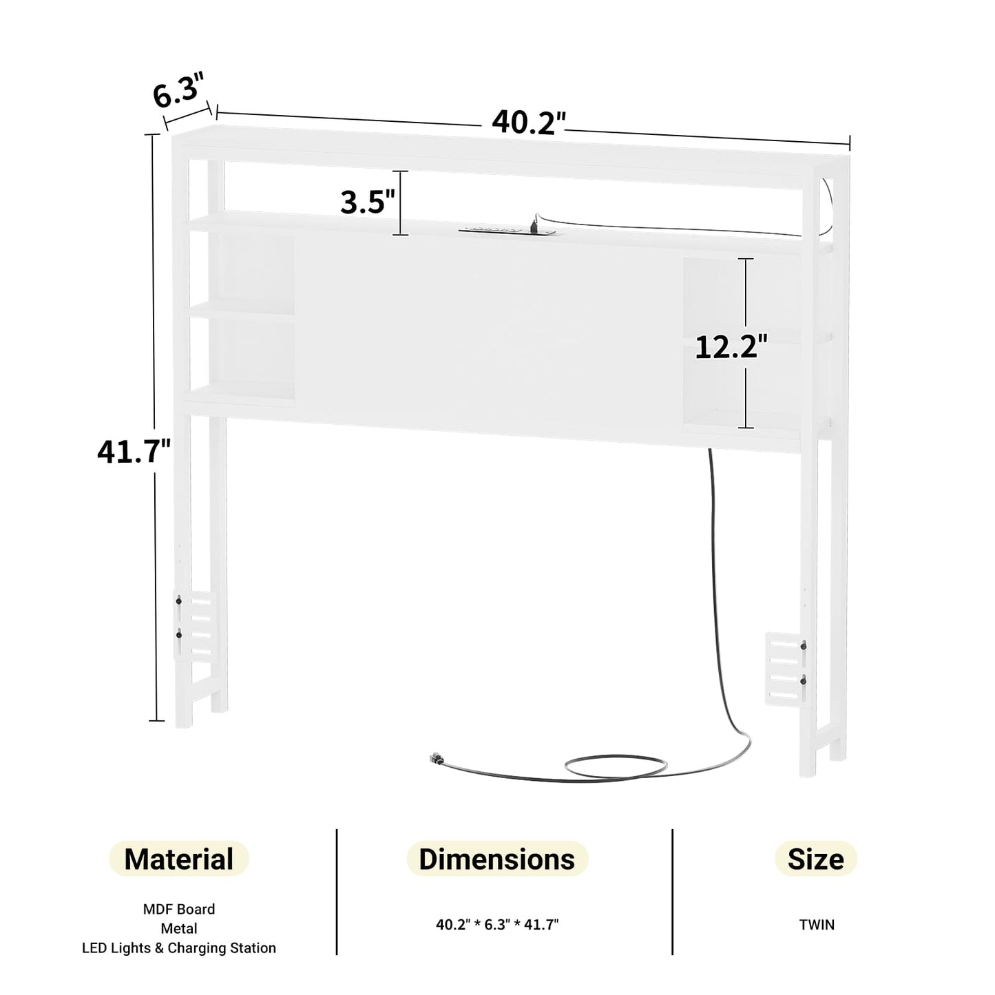 Unikito Twin Headboard with Storage, Headboard with Power Outlets and Smart LED Lights, Sturdy Head Board for Twin Size Bed, Stable Headboards Only for Bedroom, Dorm Room, Guest Room, White