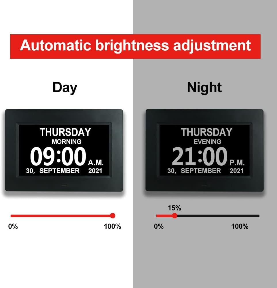 TMC Dementia Clocks for Seniors, Senior Clocks, Medicine Reminders with Alarms，Digital Clock for Bedroom, Entryway, Living Room, Study (7 inch Black)