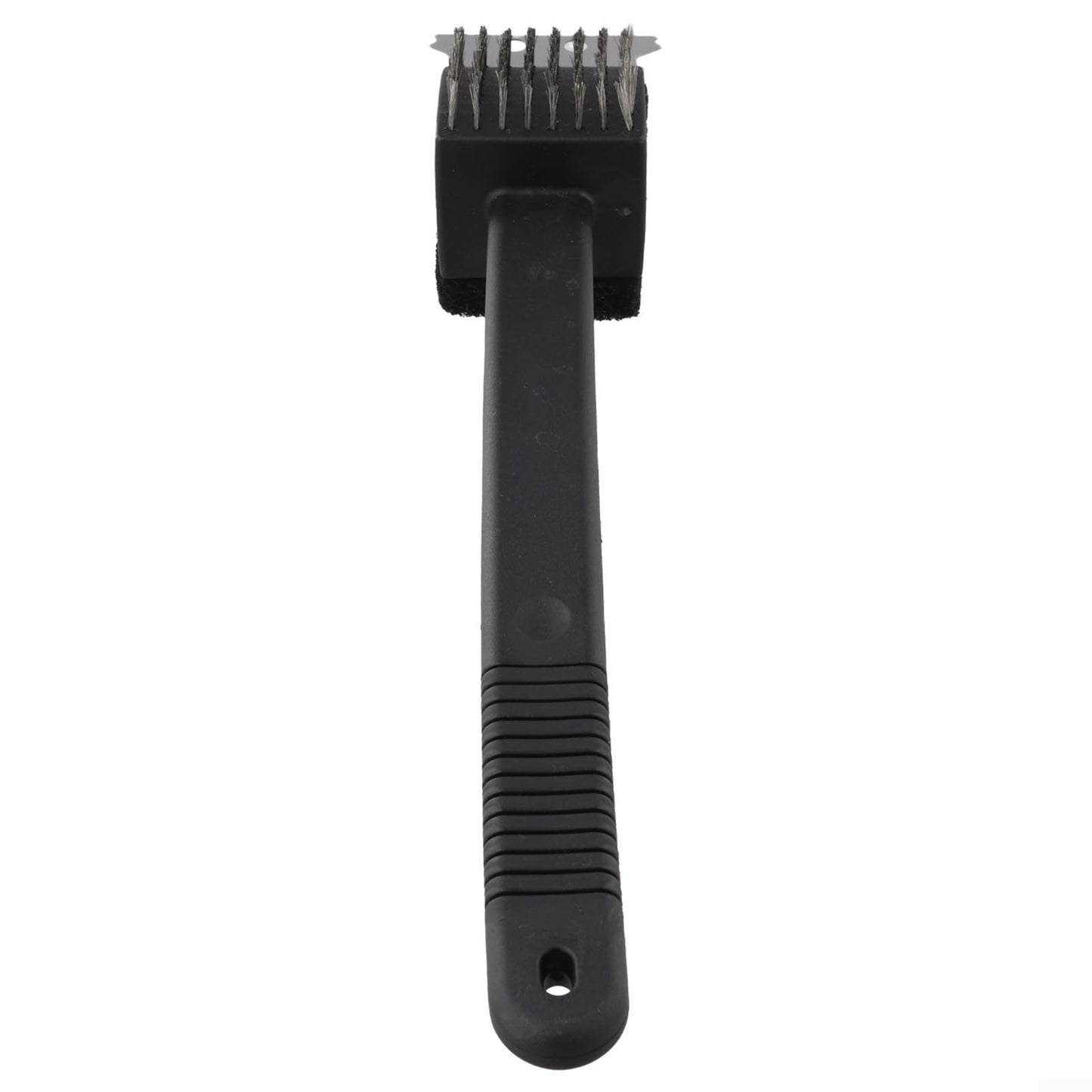 Three-in-One BBQ Grill Cleaning Brush with Stainless Steel Bristles, Scraper and Sponge, Ergonomic Handle for Outdoor Cooking Maintenance, Black 14.4 x 2.8 in