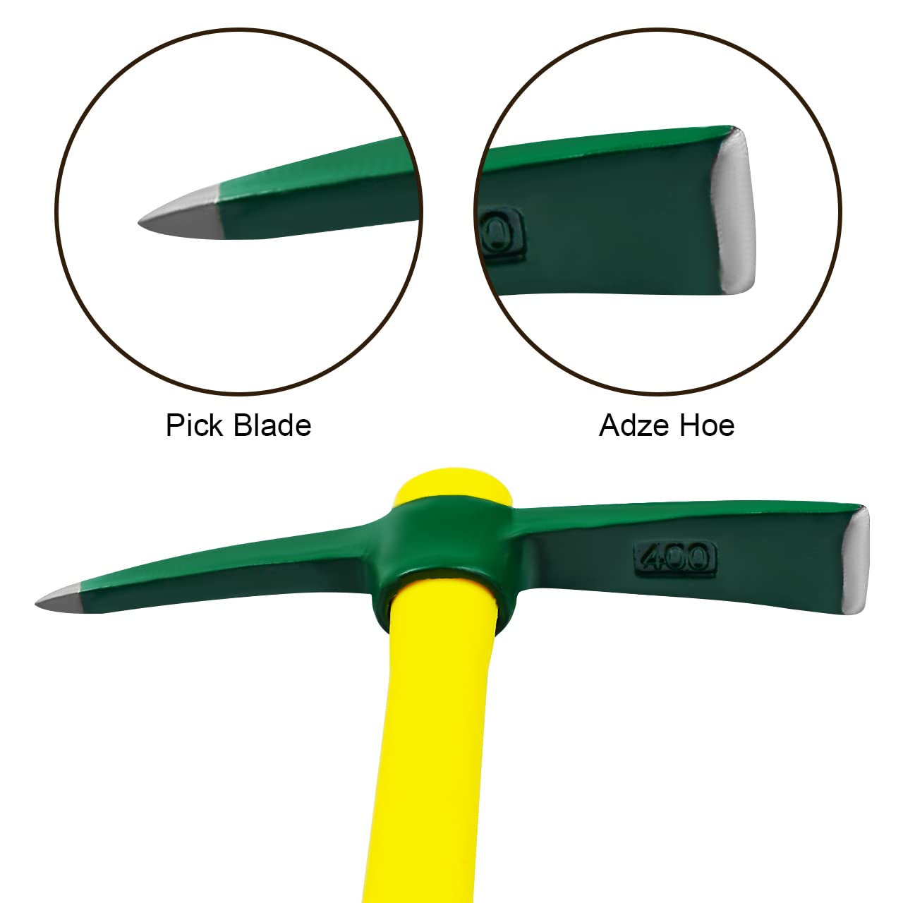 ZUZUAN Forged Adze Pick, Weeding Mattock Hoe, Pick Axe 15-Inch, One Piece Intact Drop Forged, Plastic Coated Fiberglass Handle, 1.4LB