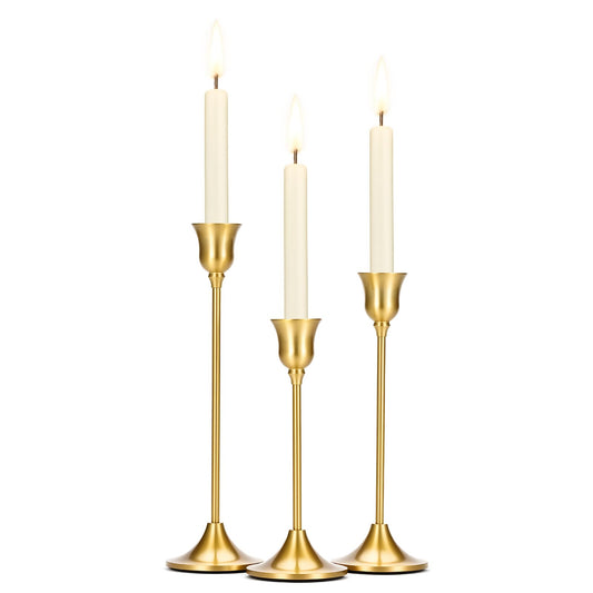 Tifanso 3PCS Vintage Brass Gold Taper Candlestick Holders for Table Decor