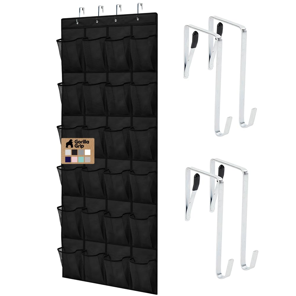GORILLA GRIP Over the Door Shoe Organizer, 24 Large Pockets, Black