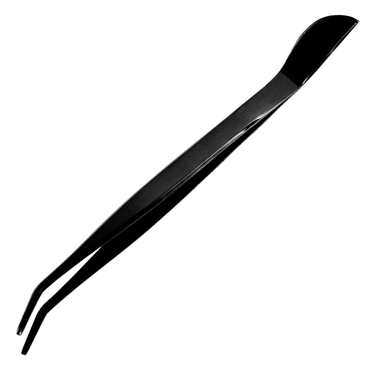 KAKURI Bonsai Tweezers Curved Serrated Tips with Spatula 8.8" - Made in Japan - Professional Bonsai Care Tool - Black Coated Japanese Stainless Steel