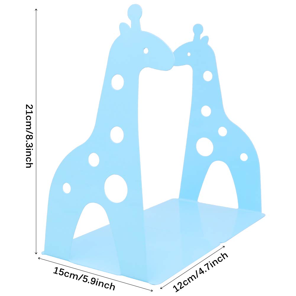 Cute Cartoon Giraffe Shape Nonskid Metal Bookends for Kids Gift Decoration (Light Blue)