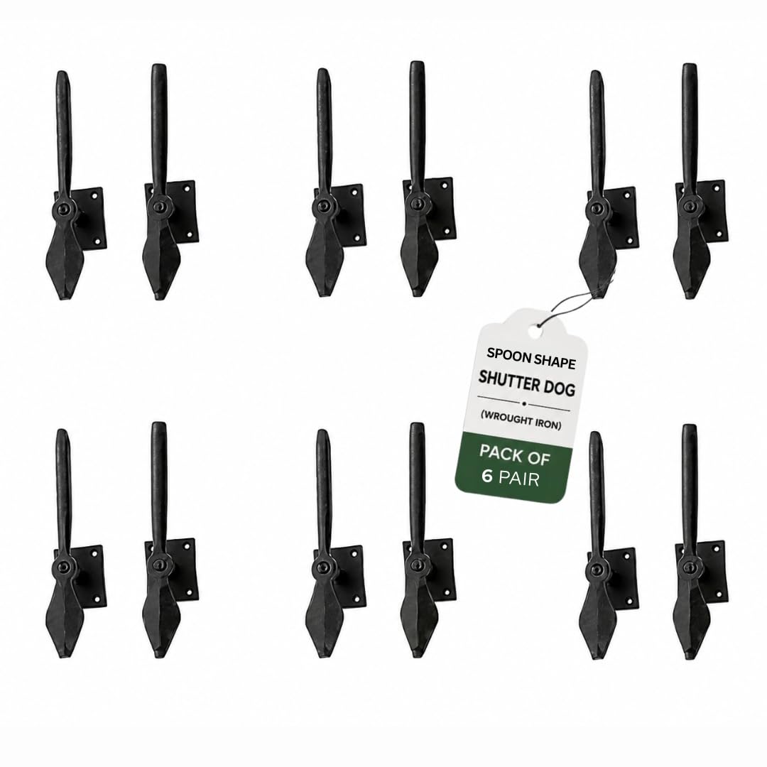 Renovators Supply Manufacturing Shutter Dogs 7 in. Black Spoon Shaped Wrought Iron Shutter Dogs with Mounting Hardware Pack of 6