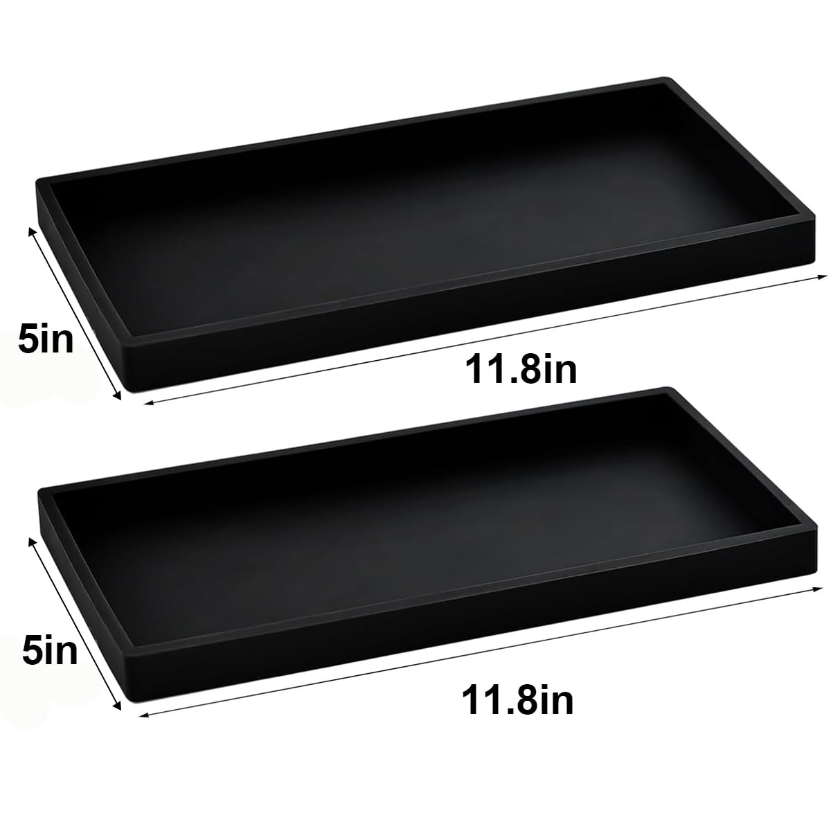2PCS 11.8” L x 5” W Silicone Soap Dispenser Tray, Bathroom Sink Vanity Trays for Dresser Tops, Toilet, Small Black Tray for Scrubber, Lotion Bottles, Perfume, Jewelry, Candle, Key Trinket Ring-Black