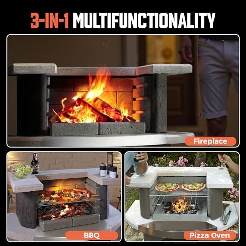 BIG HORN PRIME Concrete Outdoor Fireplace with Grill, Wood Burning Fireplace with Wood Storage and Chimney, Include Grill Rack & Charcoal Pan, 36.6" H