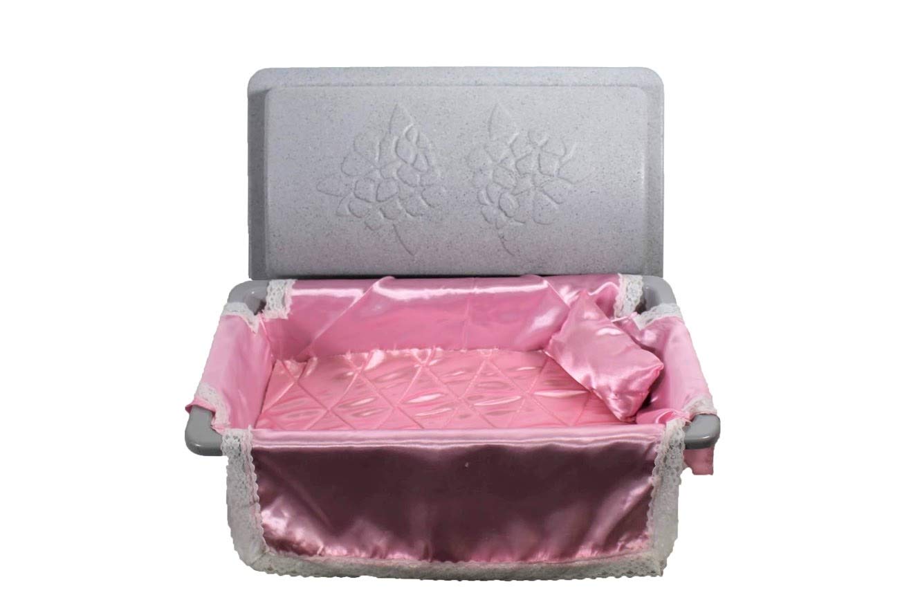 Loving touch elegant casket/vaults built with High Strength Non-biodegradable materials with a plush interior bedding available in Small, Medium, Large and 3 color options. (Med, Pink)