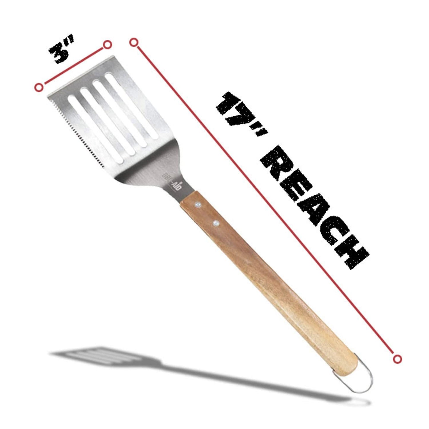 BBQ-AID Pro BBQ Metal Spatula - 17" Barbecue Spatula Stainless Steel with Serrated Knife Edge - Acacia Wood Handle - Heavy Duty Built to Last