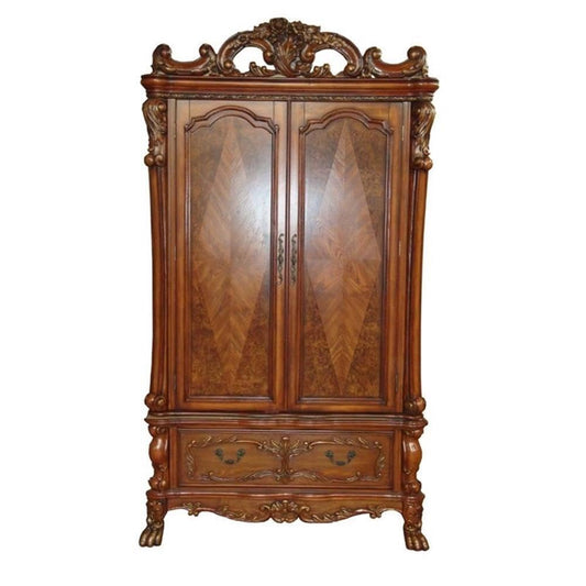 Pemberly Row Wooden TV Armoire, Cherry Oak Finish, 2-Drawer, 2-Door, Solid Chinese Wood and MDF, Traditional Style, Fits Up to 47 in TVs, Decorative Carvings, Claw Feet Design for Living Room Use