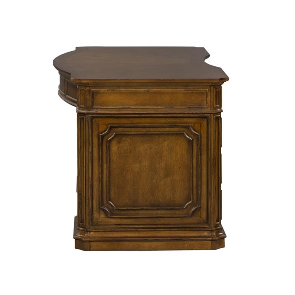 Pemberly Row Jr Executive Office Set, Medium Brown Finish, Antique Toffee Poplar & Birch Veneers, 5-Piece, Includes Desk, Credenza, Hutch, Adjustable Shelves, Touch LED Lighting, Wire Management